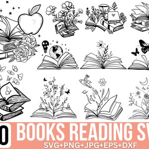Bloemen boeken Svg bundel, leesboek Svg, boeken met bloemen Svg, boekenliefhebber Svg, boek met wilde bloemen, boekenwurm Svg, stapel boeken, Cricuit