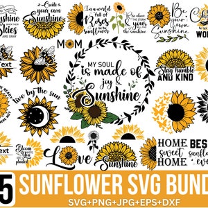 Pacote de Girassol SVG, Citações de Girassol SVG, Floral SVG, Gentileza SVG, Abelha SVG, Monograma de Girassol, Verão SVG, Flor para Cricut, Silhueta