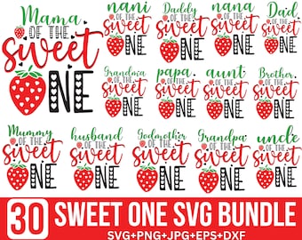 May include: A set of 30 SVG files for creating personalized "Sweet One" designs. The designs feature a strawberry graphic and text that says "[Name] of the Sweet One". The text includes various family member titles, such as "Mama", "Daddy", "Grandma", "Grandpa", "Aunt", "Uncle", "Brother", "Sister", "Husband", "Wife", "Godmother", "Godfather", "Mummy", "Daddy", "Nani", "Papa", and more.