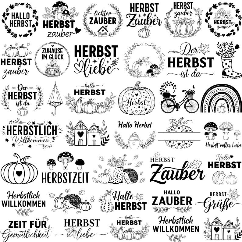 May include: A selection of black and white autumn-themed designs. The designs feature pumpkins, mushrooms, houses, and text such as "Hallo Herbst" and "Herbst Zauber". Ideal for seasonal crafts and decorations.