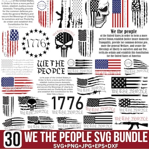 Może przedstawiać: Zestaw 30 plików SVG o tematyce patriotycznej, zawierający amerykańskie flagi, napis "We the People", liczbę "1776" i grafikę czaszki. Formaty: SVG, PNG, JPG, EPS i DXF.