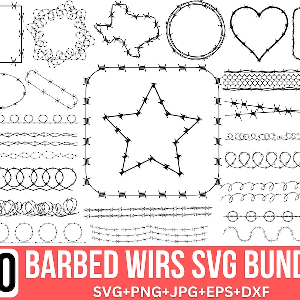 Barbed wire svg bundle, Barbed Wire Heart svg, Barbed Wire Frame Svg, Fence Svg, Barbed wire clipart, Silhouette, Cut file for Cricut