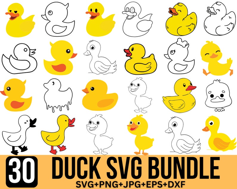 May include: A set of 30 duck SVG files in various poses, including outline, filled, and cartoon styles. The ducks are in yellow, white, and black colors. The image includes the text "30 Duck SVG Bundle" and "SVG+PNG+JPG+EPS+DXF".