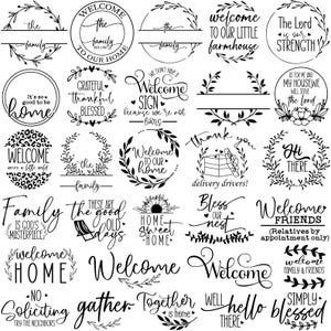 May include: A collection of 25 black and white welcome signs with various designs and phrases. The signs feature wreaths, flowers, and other decorative elements. Some of the phrases include "Welcome Home", "Family is God's Masterpiece", "Welcome Friends", and "The Lord is our Strength".