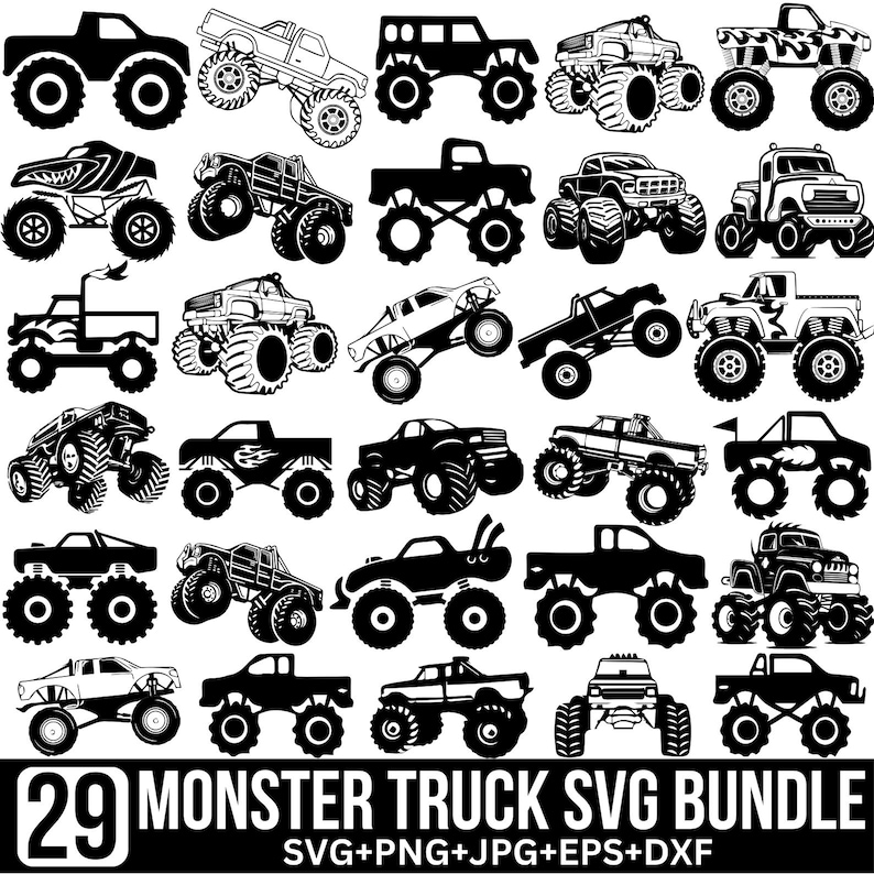 May include: A set of 29 black and white monster truck SVG files. The trucks are in various poses, including driving, jumping, and standing still. The SVG files can be used for crafting, scrapbooking, and other creative projects.