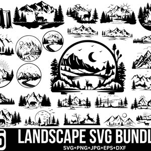 Landscape Svg Bundle, Mountain svg, Outdoor Svg, Forest Svg, Nature Scene Svg, Adventure Svg, Deer Svg, Cut file for Cricut, Silhouette