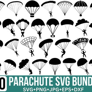May include: A set of 30 black and white silhouette parachute SVG designs. The designs are perfect for crafting, scrapbooking, and other creative projects.  "30 PARACHUTE SVG BUNDLE" is written in white text on a teal background.  "SVG+PNG+JPG+EPS+DXF" is written in white text on a teal background.