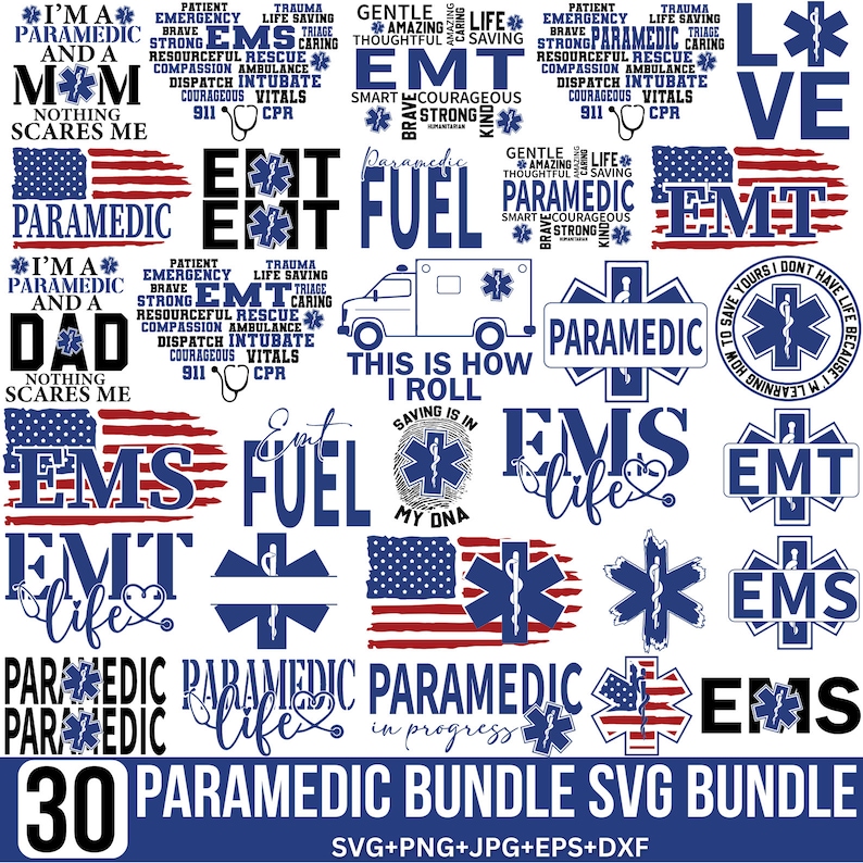 May include: A set of 30 digital designs featuring the words "Paramedic" and "EMT" in various styles and colors. The designs include the Star of Life symbol, American flags, and ambulance graphics. The designs are perfect for creating t-shirts, mugs, stickers, and other crafts.