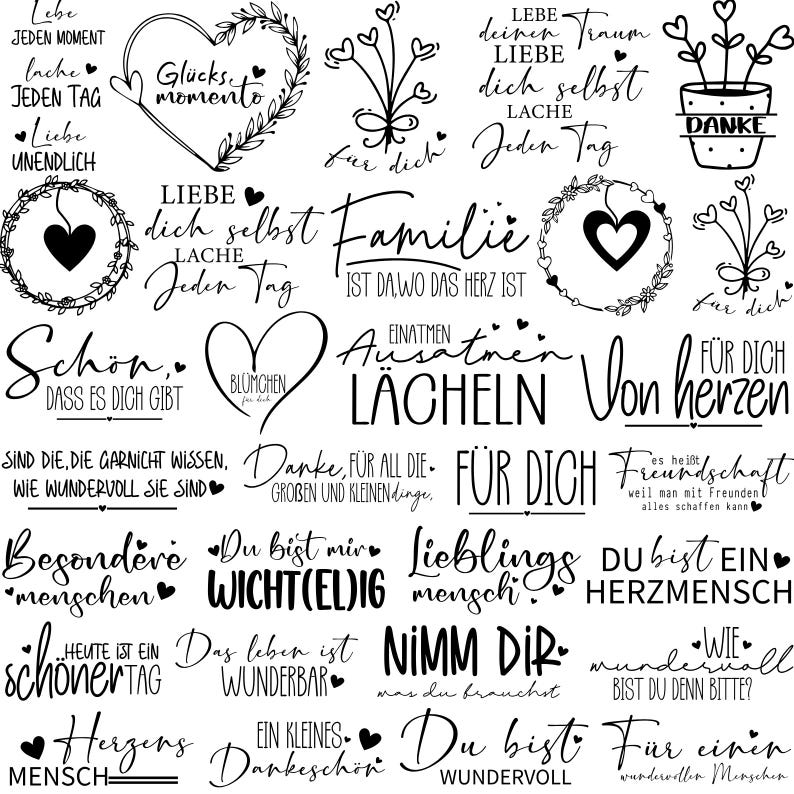 May include: Black and white illustrations of various phrases and designs, including "Love yourself", "Family", "Breathe in, smile", "For you", "Friendship", "You are a wonderful person", and "A little thank you".