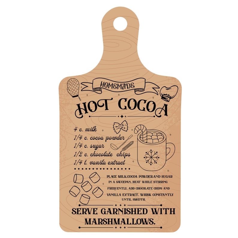 Pode incluir: Uma t&aacute;bua de cortar de madeira castanho com uma receita para chocolate quente caseiro. A receita inclui 4 ch&aacute;venas de leite, 1/4 ch&aacute;vena de p&oacute; de cacau, 1/4 ch&aacute;vena de a&ccedil;&uacute;car, 1/2 ch&aacute;vena de gotas de chocolate e 1/4 colher de ch&aacute; de extrato de baunilha. A t&aacute;bua tamb&eacute;m tem um desenho de uma ch&aacute;vena de chocolate quente com marshmallows e um floco de neve.