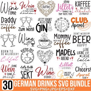 Op de afbeelding: Een digitale download van 30 Duitse drank-thema SVG-ontwerpen. De ontwerpen bevatten verschillende dranken, waaronder wijn, koffie, bier, gin en Aperol. De ontwerpen zijn perfect voor het maken van gepersonaliseerde geschenken, woonaccessoires en meer.