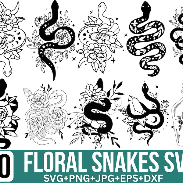 Floral Snake Svg Bundle, Snake with flowers svg, Mystical snake svg, Celestial snake svg, Snake design Svg, Files For Cricut, Silhouette