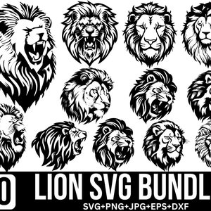 ライオン SVG バンドル、ライオンの頭 SVG、動物 SVG、野生の動物 SVG、ジャングルの王、ライオンの顔 SVG、ライオンのベクター、Cricut 用カット ファイル、シルエット