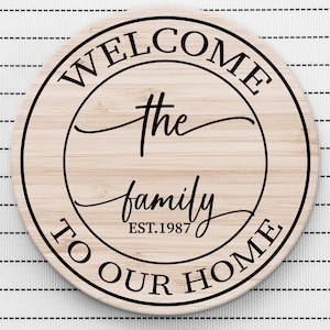 May include: A round wooden sign with the text "Welcome the family est. 1987 to our home" in a black circle.