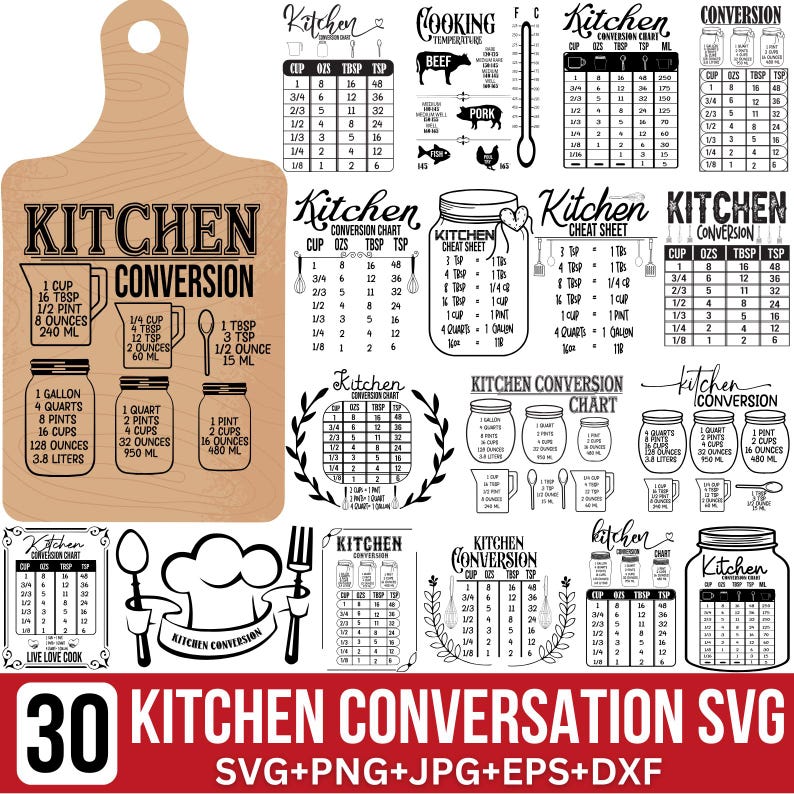 Cooking Conversion Svg Kitchen Conversion Chart SVG Bundle, Kitchen Sign Svg, Decorative ...