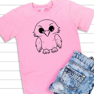 May include: A pink t-shirt with a black line drawing of an owl with large eyes. The owl is facing forward with its wings spread out.