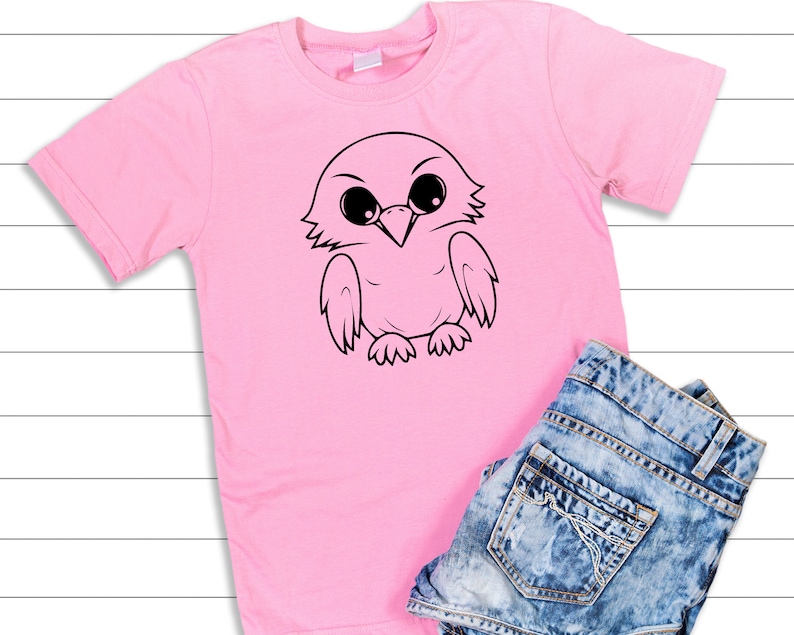 May include: A pink t-shirt with a black line drawing of an owl with large eyes. The owl is facing forward with its wings spread out.