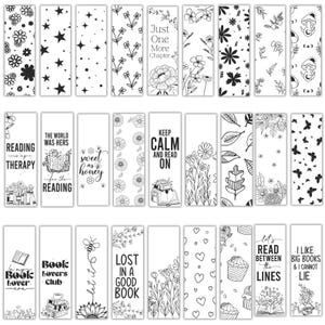 May include: A set of 20 printable bookmarks featuring black and white illustrations of flowers, stars, butterflies, and other designs. The bookmarks include text such as "Reading is my therapy", "The world was hers for the reading", "Sweet as honey", "Keep calm and read on", "Lost in a good book", "Let's read between the lines", and "I like big books and I cannot lie".
