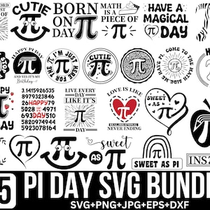 Pode incluir: Um pacote de 25 designs digitais em preto e branco relacionados ao Dia do Pi. Os designs incluem várias frases de texto, como "Feliz Dia do Pi", "Cutie Pi", "Doce como Pi" e "Viva cada dia como se fosse o Dia do Pi".
