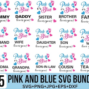 Paquete de Svg "Te amamos" en rosa o azul, Svg "Mamá, papá, te amamos" en rosa o azul, Svg de camiseta de revelación de género, Huella de bebé, Archivo de corte para Cricut