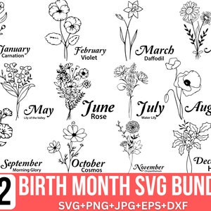 Paquete de flores Svg del mes de nacimiento, flor del mes de nacimiento, Svg botánico, Svg de cumpleaños, Svg floral, flor de cumpleaños, Svg de rosa, Svg de margarita, para Cricut