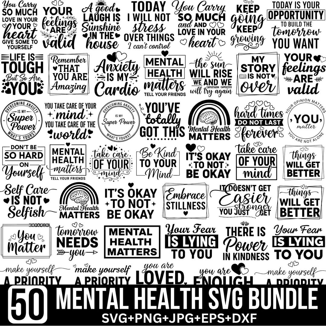 Mental Health SVG PNG Bundle: Inspirational Positive Designs ...