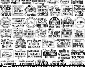 Mental Health SVG PNG Bundle: Inspirational Positive Designs, Motivational Quotes, Inspirational Svg, Self-Care Svg, Positive SVG for Cricut