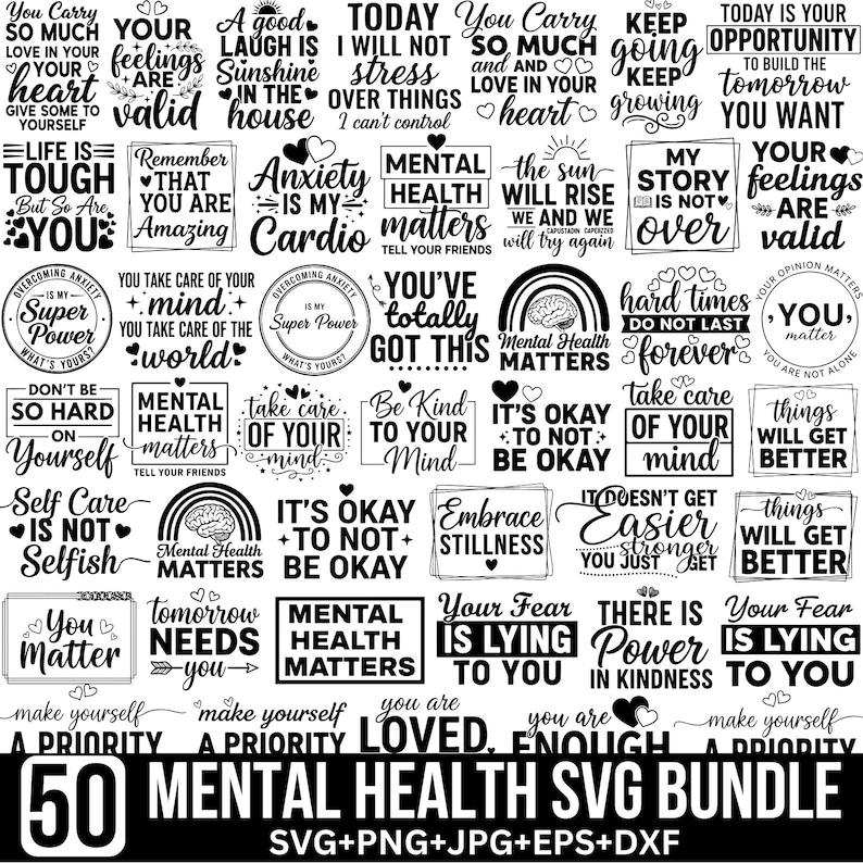 Mental Health SVG PNG Bundle: Inspirational Positive Designs ...