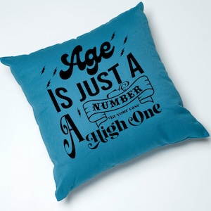 May include: A blue throw pillow with the text "Age is just a number in your case a high one" in black lettering.