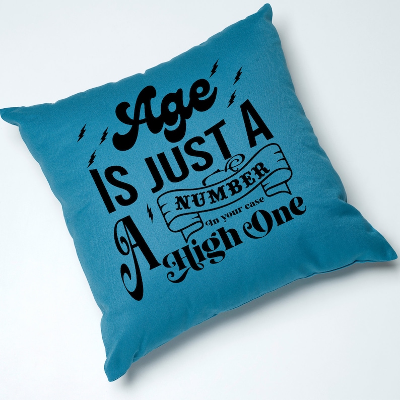 May include: A blue throw pillow with the text "Age is just a number in your case a high one" in black lettering.