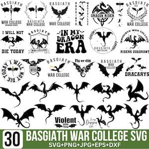Op de afbeelding: Een verzameling zwarte draak-thema ontwerpen met tekstelementen. De ontwerpen omvatten draken, vleugels en zinnen als "War College" en "Dragon Rider". De afbeelding bevat ook de tekst "30 BASGIATH WAR COLLEGE SVG."