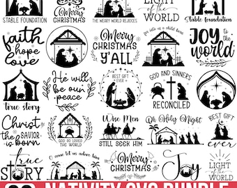 May include: A set of 30 black and white Nativity SVG designs. The designs feature various scenes from the Christmas story, including the birth of Jesus, the wise men, and the shepherds. The text includes phrases like "Merry Christmas", "True Story", "Joy to the World", and "Light of the World".