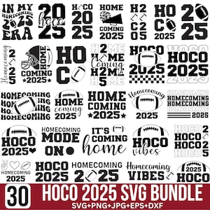 Puede incluir: Una colección de 30 diseños SVG HOCO 2025 en blanco y negro. Los diseños incluyen balones de fútbol, las palabras "Homecoming", "HOCO" y "2025". El paquete incluye archivos SVG, PNG, JPG, EPS y DXF.