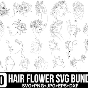 Kwiaty w włosach Svg Bundle, Kwiatowa kobieta Svg, Dziewczyna z kwiatem, Kobieta Svg, Kwiatowy Svg, Włosy Svg, Wystrój domu Svg, Plik dla Cricut, Sylwetka