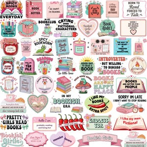 K&ouml;nnte beinhalten: Eine Sammlung farbenfroher Aufkleber mit Buchmotiven. Die Aufkleber zeigen S&auml;tze wie &bdquo;Spicy Books&ldquo;, &bdquo;Bookish Girlie&ldquo; und &bdquo;Reading is My Jam&ldquo; sowie Illustrationen von B&uuml;chern, Chilischoten und Kaffeetassen.