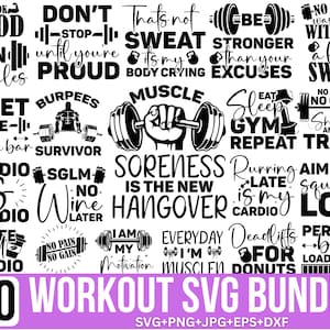 May include: A set of 30 black and white workout SVG designs. The designs feature motivational quotes and images related to fitness, such as weights, coffee, and running. The text includes phrases like "I look good in muscles", "Don't stop until you're proud", "That's not sweat it's my body crying", "Be stronger than your excuses", "No goal was met without a little sweat", "Meet me at the bar", "Burpees survivor", "Muscle soreness is the new hangover", "Running late is my cardio", "Aim high squat low", "Coffee and cardio", "No pain no gain", "I am my motivation", "Everyday I'm muscle-in", "Deadlifts for donuts", "Perfect body loading".