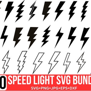 Puede incluir: Un conjunto de 20 diseños de rayos SVG en blanco y negro. Los rayos están en varios estilos y orientaciones. El texto "20 SPEEDLIGHT SVG BUNDLE" está en la parte inferior de la imagen. El texto "SVG+PNG+JPG+EPS+DXF" está debajo del texto del paquete.