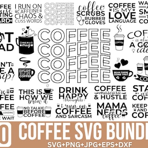 Puede incluir: Un conjunto de 30 diseños SVG de temática de café en blanco y negro. Los diseños incluyen varias frases e imágenes relacionadas con el café, como "El café es mi lenguaje de amor", "Funciono con café y sarcasmo", y "Comienza con café".