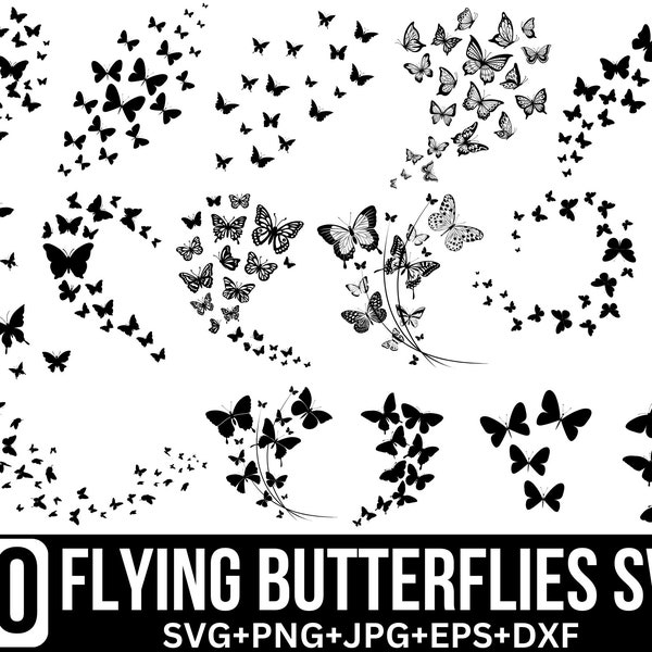 Pakiet Flying Butterflies SVG, Butterfly SVG, układ projektu motyla, Butterfly Swarm SVG, Butterfly PNG, pliki cięte dla Cricut, sylwetka
