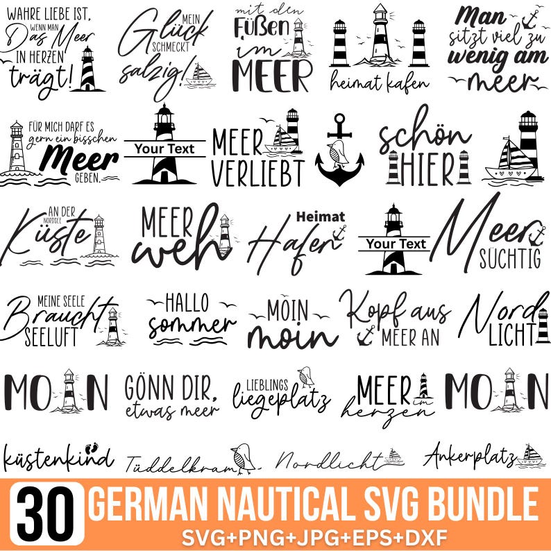 Puede incluir: Un conjunto de 30 dise&ntilde;os SVG de tem&aacute;tica n&aacute;utica en blanco y negro con faros, anclas, barcos y frases alemanas como "Wahre Liebe ist" y "Meer verliebt".