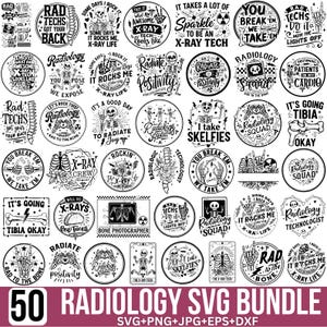 Pode incluir: Uma coleção de 50 designs SVG com tema de radiologia. Os gráficos em preto e branco apresentam esqueletos, imagens de raios-X e textos humorísticos como "Rad Techs Got Your Back" e "I Take Skelfies".