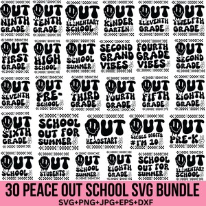 Retro Peace Out School Svg bundel, laatste dag van school Svg, leraar Svg, retro golvende tekst, einde van school Svg, afstuderen svg, voor Cricut