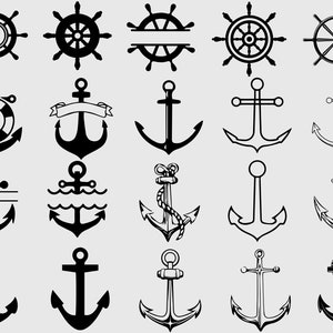 May include: A set of 20 black and white nautical themed SVG cut files. The set includes various anchor and ship wheel designs.