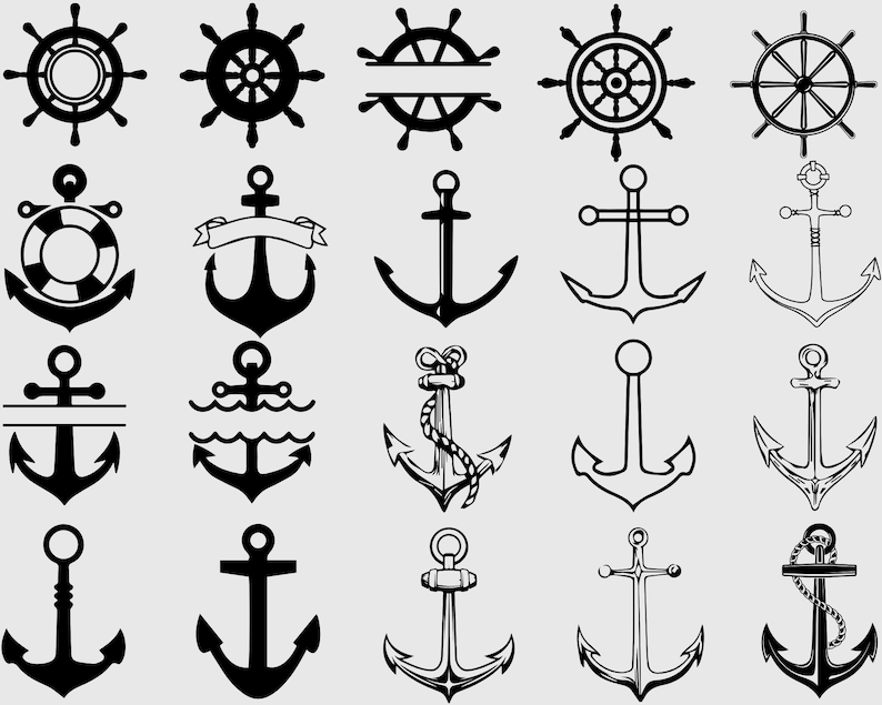 May include: A set of 20 black and white nautical themed SVG cut files. The set includes various anchor and ship wheel designs.