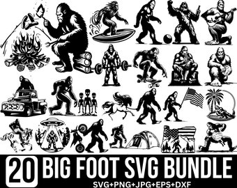 May include: A set of 20 black and white vector illustrations of Bigfoot in various poses and activities, including camping, fishing, surfing, playing guitar, and more. The illustrations are perfect for use in digital projects, crafts, and more.  SVG+PNG+JPG+EPS+DXF