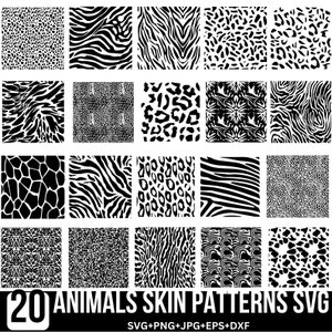 Könnte beinhalten: Ein Set mit 20 schwarz-weißen Tierfellmustern. Die Muster umfassen Zebra, Leopard, Giraffe, Gepard und mehr. Die Muster sind perfekt für die Verwendung in Kunsthandwerk, Design und mehr.  SVG+PNG+JPG+EPS+DXF