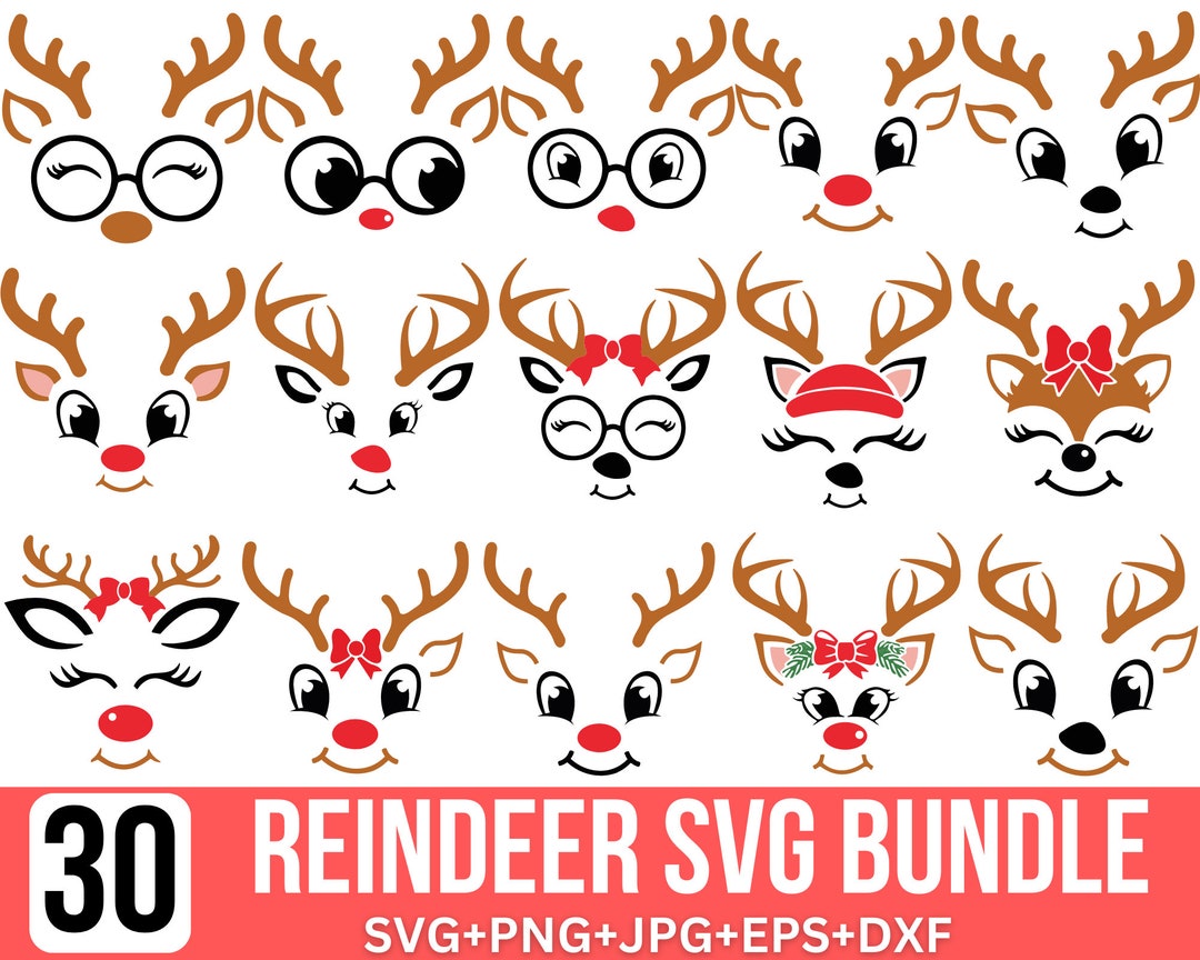 Reindeer Faces SVG Bundle: Christmas Rudolph, Reindeer Face Svg, Cute ...