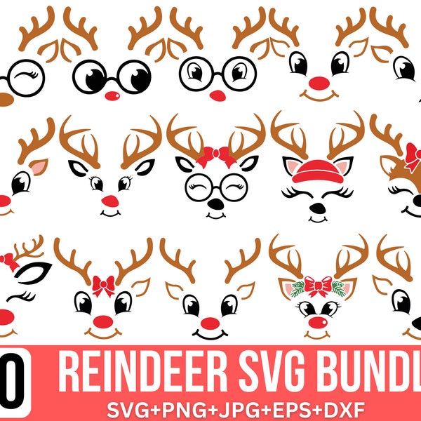 Reindeer Svg Bundle, Reindeer Face Svg, Christmas Deer Svg, Cute Reindeer Unicorn Svg, Deer Svg, Rudolph Svg, Cut Files For Cricut