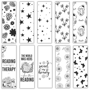 May include: Set of ten printable bookmarks featuring black and white illustrations. The bookmarks include designs with stars, flowers, mushrooms, butterflies, and text that reads "Reading is my therapy", "The world was hers for the reading", and "Sweet as honey".