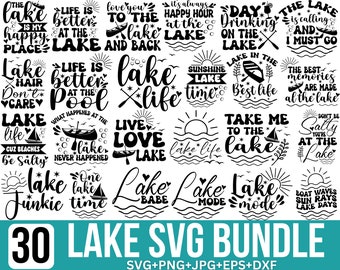 Op de afbeelding: Een set van 30 zwart-witte SVG-ontwerpen met afbeeldingen en citaten over het thema van het meer. De ontwerpen bevatten zinnen zoals "Lake Life", "Live Love Lake" en "Take Me To The Lake".